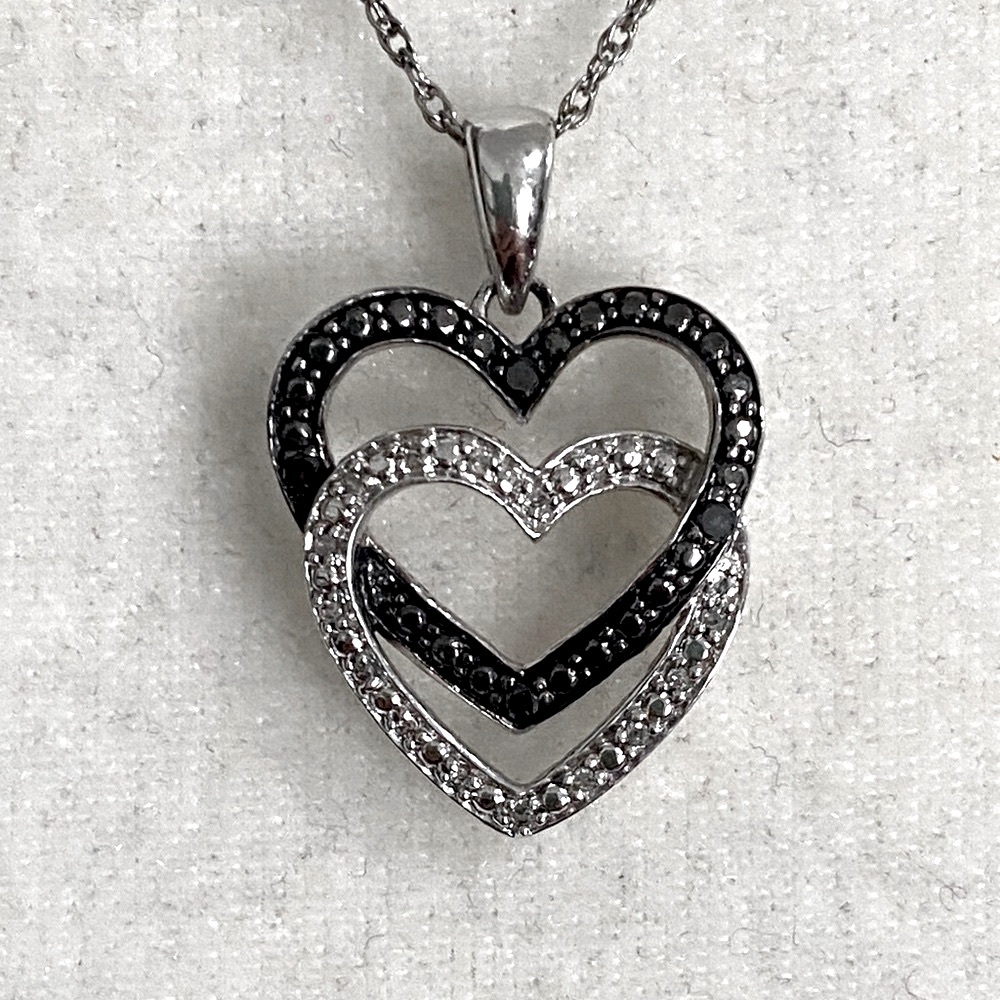 Black & White Diamond Double Heart Pendant 925 Sterling Silver Necklace